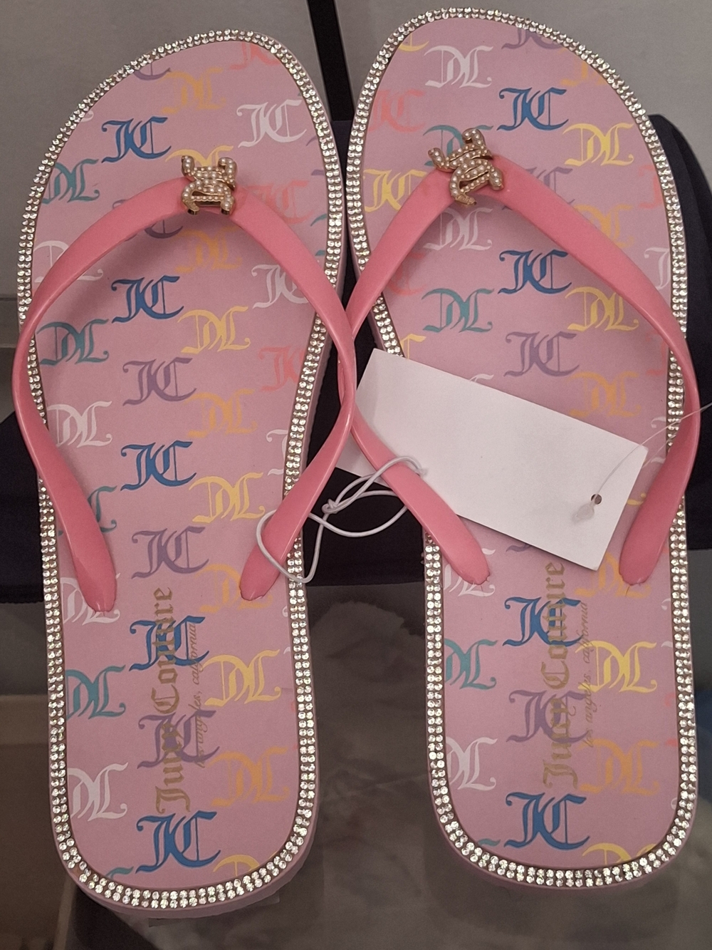 Juicy Couture Pink Rhinestone-Trim Logo Flip Flops